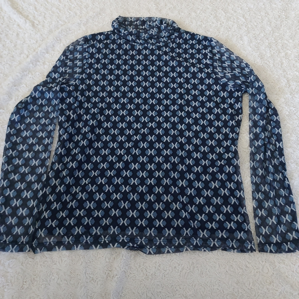 Rafaella Geometric Blue & White Top Mock Turtleneck Dark Academia Hippie Boho